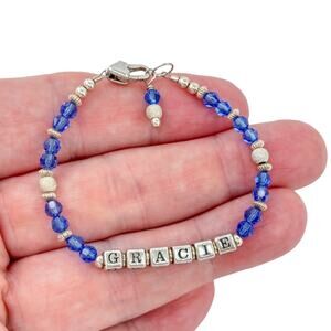 Estate Sterling Silver 925 Personalized Blue Crystal Gracie Bracelet 6"